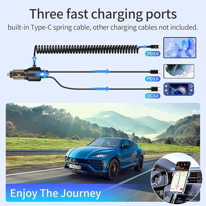 110W Retractable Car Charger, 3‑Port Cigarette Lighter Adapter, 5.7 ft Retractable USB‑C Cable, Car Charger USB C Fast Charge for iPhone 17/16/15 Series, Galaxy S25/S24 and More