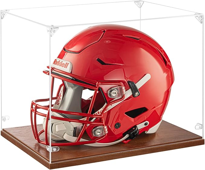 GYaozii Mini Helmet Display Case, UV Protection Thickened Clear Acrylic Souvenirs and Collectibles Box, 1/2 Football Baseball Helmet Showcase with Solid Wood Base for Sports Enthusiast