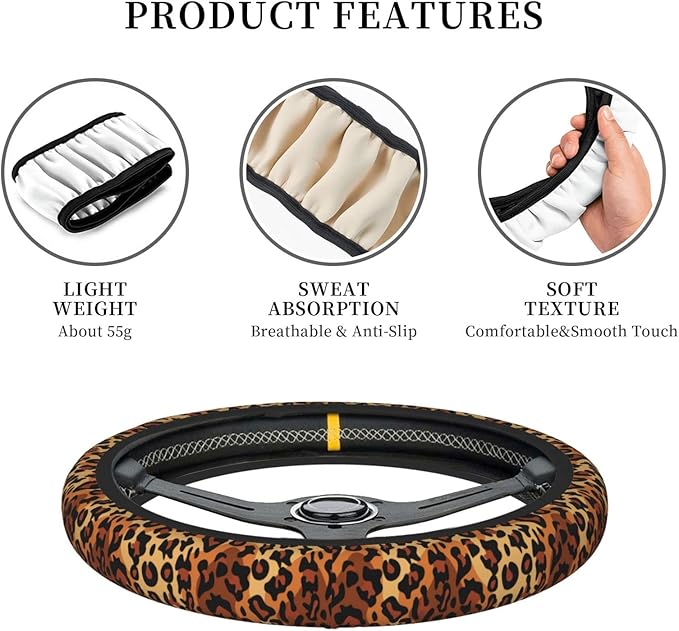 Leopard Print Steering Wheel Cover Women Men Elastic Stretch Soft Car Wheel Protector Universal Breathable No-Slip Car Accessories for Truck Van SUV Auto Fit 14-15 Inches