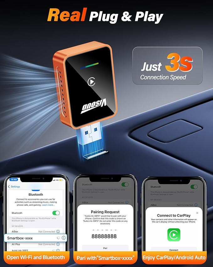 2026 Wireless CarPlay & Android Auto Adapter, One-Click Switch, 3s Auto Reconnect, A9 Chip, Bluetooth 6.0, 5.8GHz WiFi, Plug & Play, with USB-C & Right-Angle Cables