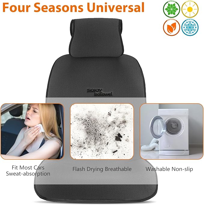 Sojoy IsoTowel Front Car Seat Cover-Microfiber Car Seat Protector Sweat-Quick Dry Non-Slip Seat Towel Cover-Honeycomb Cloth Four Seasons All Weather (Black)