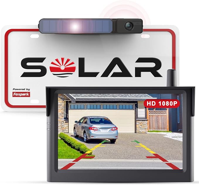 Foxpark Solar Wireless Backup Camera, 1080P 5'' Monitor Back Up Camera Systems Wireless, 3 Mins DIY Installation, Reverse Camera for Car, Truck, Van, RV
