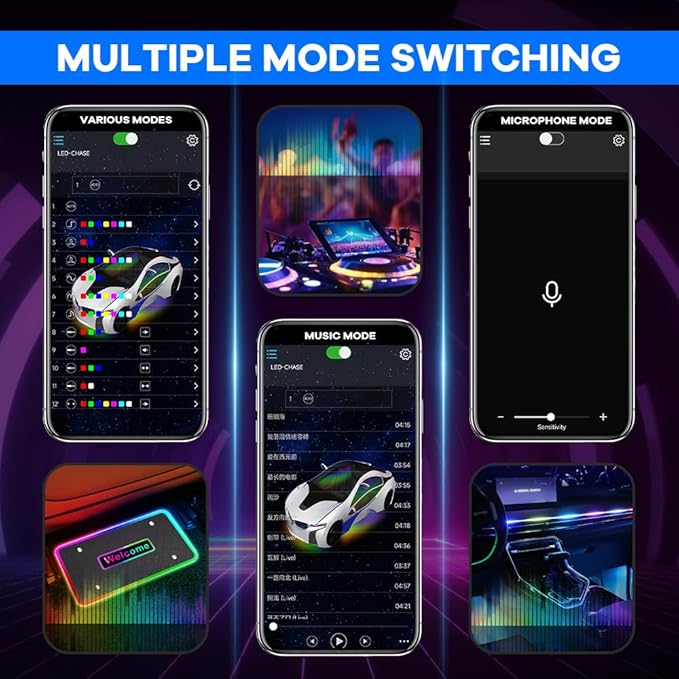 Car LED Lights for Floor Mats, Interior Car LED Strip Lights with App Control, Luminous Ambient Neon Lighting Kits, Universal Automotive Floor Mats (Rhombic - USB, 4)