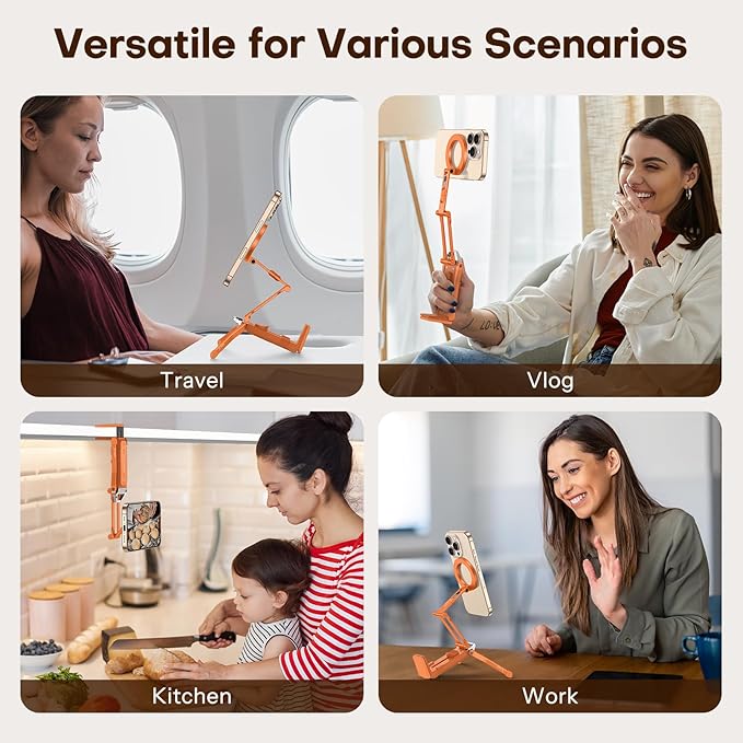 OMOTON TP02 360°Rotating for MagSafe Tripod Mount, Adjustable Aluminum Magnetic Phone Tripod for iPhone 17/16/15/14 Pro Max Air, Foldable Cell Phone Stand Fits Vlog, Gym, Travel Essentials, Orange