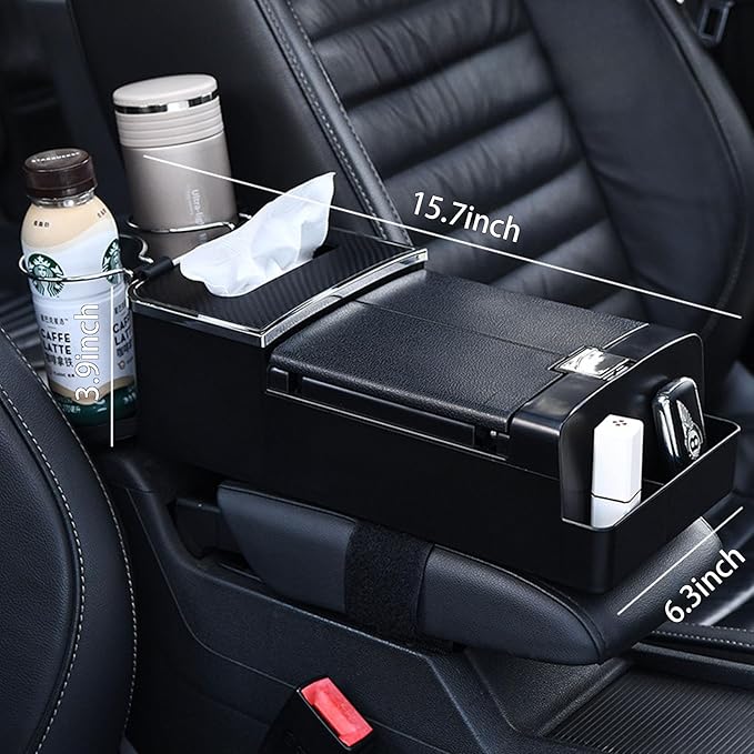 Car Center Console Organizer Armrest, Universal Multi-Function Storage Box with Card Holder, Tissue Box for Vehicle Interior Organization