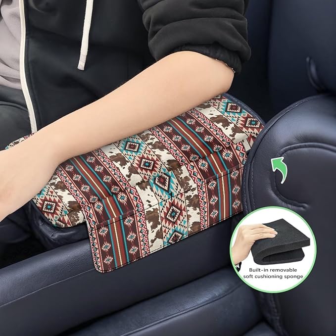 Wanyint Aztec Brown Cow Print Car Center Console Cushion Cover Comfortable Armrest Seat Box Lid with Organizer Pockets Anti-Scratch Arm Rest Covering Suitable for Most Cars SUVs Trucks