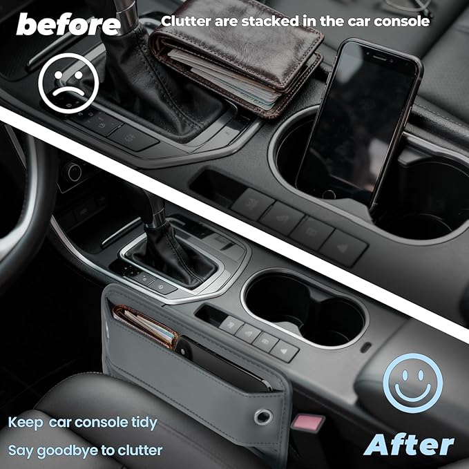 2-Pack Car Seat Gap Filler Organizer - Upgraded Anti-Slip Strap Design - Premium Leather Side Console Pocket - Prevent Phone Falling - Universal Fit Car Essentials for SUV, Truck & Sedan, Grey