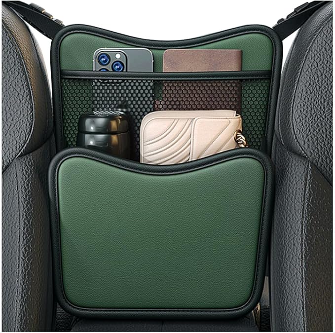 Car Purse Holder Between Seats, Nappa Leather Front Seat Storage Bag with Tissue Holder, Large Capacity Automotive Console Organizer for Document Phone Wallet, Car Accessories (Green)