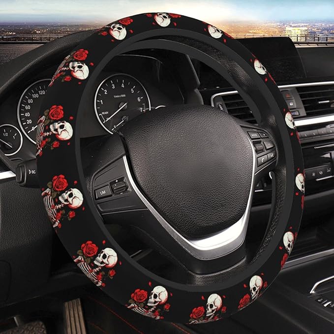 Ouqiuwa Red Rose Skeleton Steering Wheel Cover Women, Comfortable Elastic Steering Car Wheel Cover Fit 15 inches Universal Accessories Suvs Trucks Decor