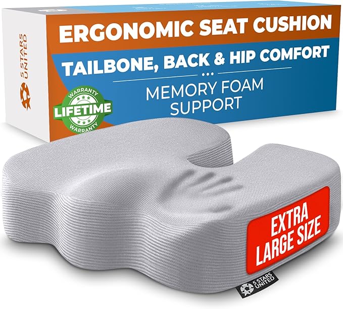 5 STARS UNITED Seat Cushion - Memory Foam Chair Cushion for Tailbone Pain Relief - Ergonomic Support for Coccyx, Sciatica & Butt - Office, Desk & Gaming Chair, Car Seat, Wheelchair, Light Gray