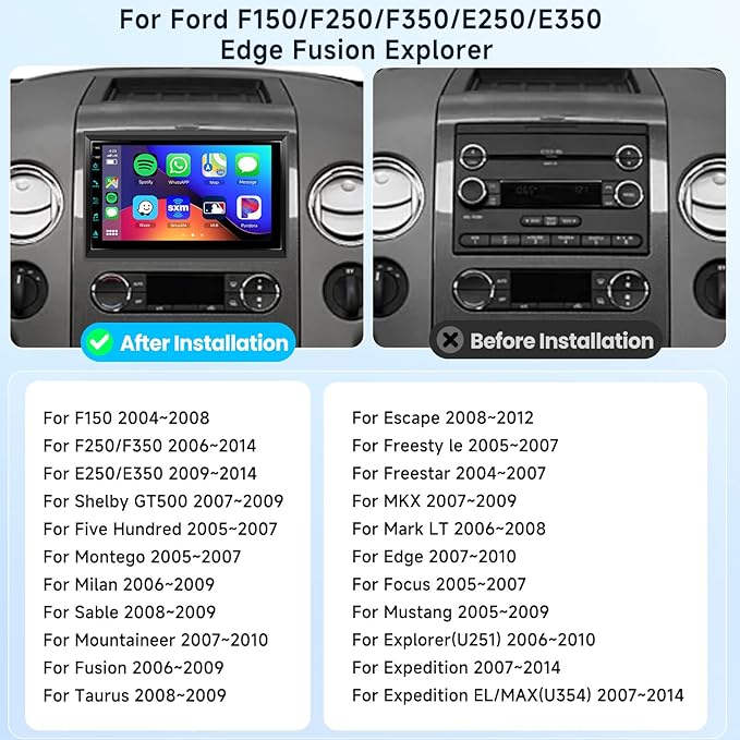 2G+64G Car Radio for Ford F150/F250/F350/E250/E350 Edge Fusion Explorer with Wireless Carplay Android Auto, 7 inch HD Touch Screen Car Stereo with Bluetooth/GPS/WiFi/FM/SWC/USB/HD Backup Camera