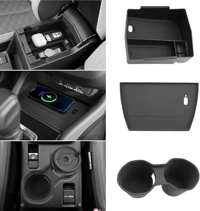 LUWU for 2025 2026 Subaru Forester Accessories Compatible with 2025 2026 Forester Wireless Charging Anti-Slip Mat - Center Console Cup Holder - Armrest Console Secondary Storage Box Insert Tray 3-Pack