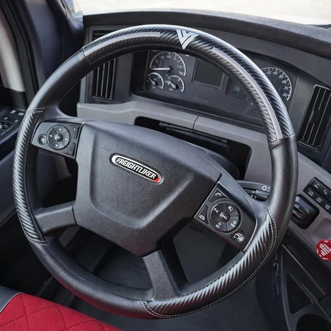 18-Inch Genuine Leather Steering Wheel Cover for Semi Trucks – Black with Grey Stripes, Universal Fit Heavy-Duty Non-Slip Grip, Comfortable Control, Easy Installation
