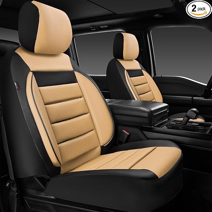 CAR PASS Faux Leather Car Seat Covers Front Seats Only, 3D Foam Support Car Seat Covers, Universal fit for Trucks Vans SUVs Sedans Automotive Comfortable, Airbag Compatible 2 Pieces Front Black Beige