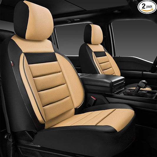CAR PASS Faux Leather Car Seat Covers Front Seats Only, 3D Foam Support Car Seat Covers, Universal fit for Trucks Vans SUVs Sedans Automotive Comfortable, Airbag Compatible 2 Pieces Front Black Beige