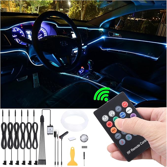 8 m Optic Fiber Car Ambient Lighting Kit RF Remote Control 8 Colors Multicoloured Music Interior Lighting Kit 12V 1W