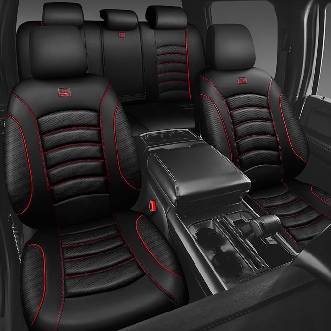 CAR PASS 3D Foam PU Leather Car Seat Covers, Universal Seat Covers Full Sets for Trucks SUV Sedan Automotive Seat Covers Armrest Airbag Compatible Waterproof Comfortable Faux Nappa Leather Black Red