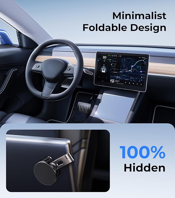 Tesla Phone Mount Charger for iPhone MagSafe 【Hidden Foldable Design】 15W Wireless Charging, Universal Car Magnetic Dashboard Phone Holder, Tesla Model 3/Y/Cybertruck Accessories