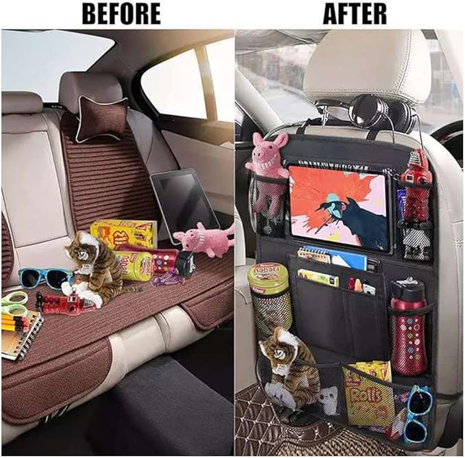 2 Pack Backseat Car Organizer & Kick Mat, Waterproof Seat Back Protector with Clear Pad/Tablet Holder, Universal Fit Car Organizer for Kids Travel Essentials & Storage for SUV/Truck/Sedan