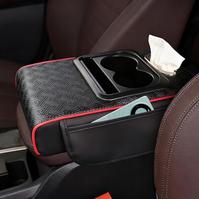 Car Middle Center Console Cover with Cup Holder for Long Driving,Car Armrest Cover for SUV,Truck-2.95in Height-Lifts Arms to Relax Muscles,Multi-Functional Storage for Trips Scratch-Resistant