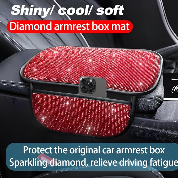 Bling Car Center Console Cover, Crystal Rhinestone Vehicle Armrest Cover Cushion with 2 Storage Bags for Women Girls, Diamond Auto Storage Box Protector Pad, Universal Fit (Red)