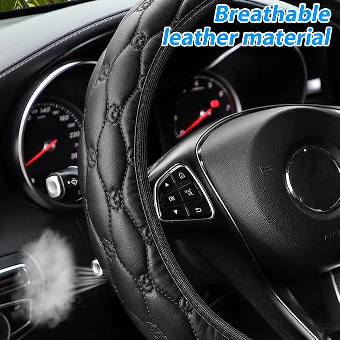 Car Steering Wheel Cover, PU Leather Non-Slip Lantern Pattern Vehicle Steering Wheel Cover Protection, Breathable Automotive Interior Protecter Accessories, Universal Fit (Black)