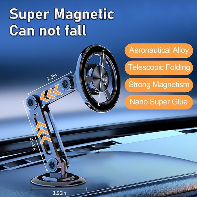 Universal 360° PRO Magnetic Suction Phone Holder Car,Alloy Folding Magnetic Cell Phone Holder for Car [Super Strong Magnet] Bracket Magnetic Dashboard Phone Car Mount for All Smartphone (Silver)