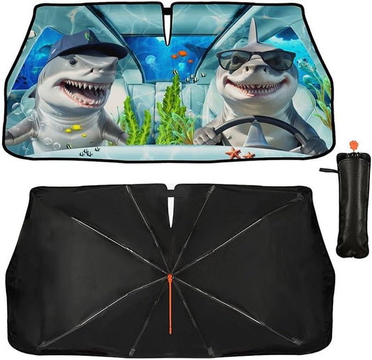Funny Sharks Car Windshield Sunshade Umbrella Sharks Driving Sun Shade for Car Windshield Umbrella Upgraded Sunshades Blocks UV & Heat Front Window Shades for SUV Sedan Auto