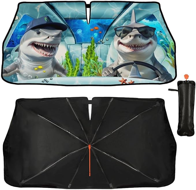 CHILL·TEK Funny Animal Car Windshield Sun Shade Umbrella, Funny Shark Car Sun Shade Umbrella, Block UV Rays Heat Foldable Windshield Umbrella Sun Visor Protector - Keep Vehicle Cool for Cars SUV