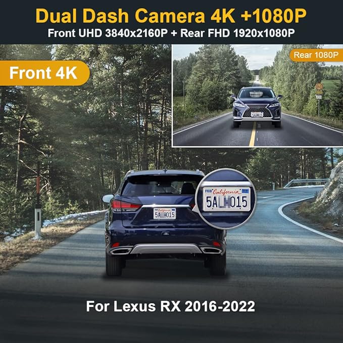 FITCAMX 4K Dual Dash Cam Suitable for Lexus RX 2016 2017 2018 2019 2020 2021 2022 RX350 450h F Sport Luxury, OEM Style, Front 2160P Rear 1080P Video, Loop Recording WiFi, Parking Mode, 128GB Card