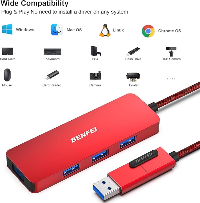 BENFEI USB 3.0 Hub, USB-C HUB, 2-in-1 USB Type-A/Type-C Hub with 4 USB 3.0 Ports [Aluminum Shell, Nylon Braided] Compatible with iPhone 15 Pro/Max, MacBook Pro/Air 2023, iPad Pro, iMac, S23, XPS 17