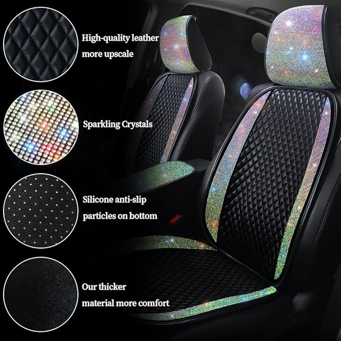Bling Crystal Diamond Sparkly Glitter Car Seat Cover Premium PU Front Seat Protector Pad Works with 95% of Vehicles Bling Bling Rhinestones Auto Interior Accessories Color 1 Seat