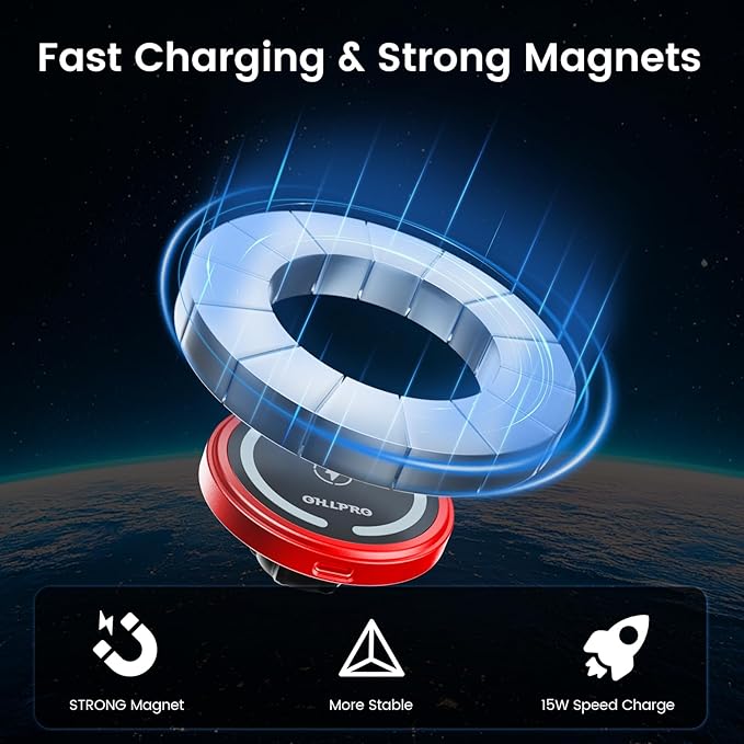 OHLPRO 15W Magsafe Car Mount Charger for iPhone 17, Fast Wireless Charging Magnetic CD Slot Holder with 3M Adhesive Base for Dashboard, Aluminum Shell, Compatible with iPhone 16 15 14 Series, Red