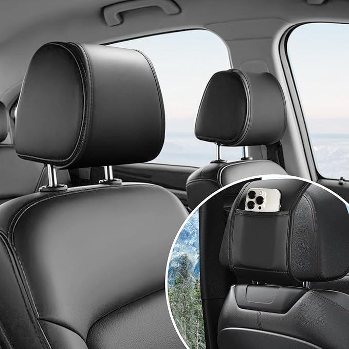 2PCS Multi-Purpose Car Headrest Covers with Pocket Design,Car Headrest Cover for Seat Back Organizer Storing Phone Cards,Universal Leather Head Rest Cover for Interior Decoration