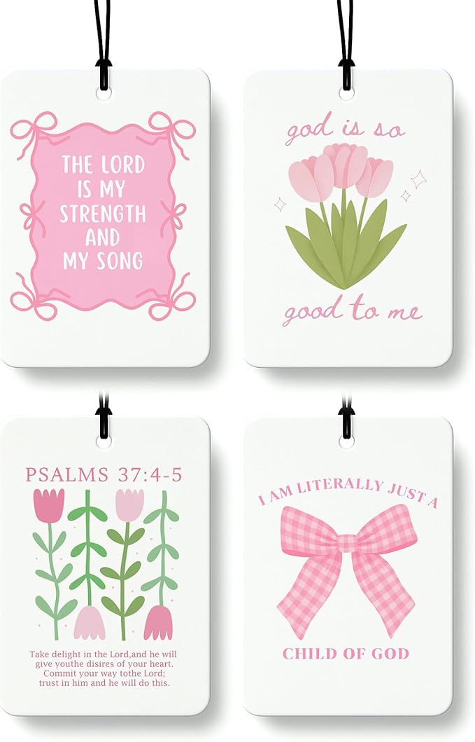 Pink Christian Cologne Car Air Freshener 4 Pcs, Coquette Pink Bow Floral Hanging Air Freshener for Cars Bathroom Dorm Books Decor, Cute Christian Accessories Gifts for Women Girls
