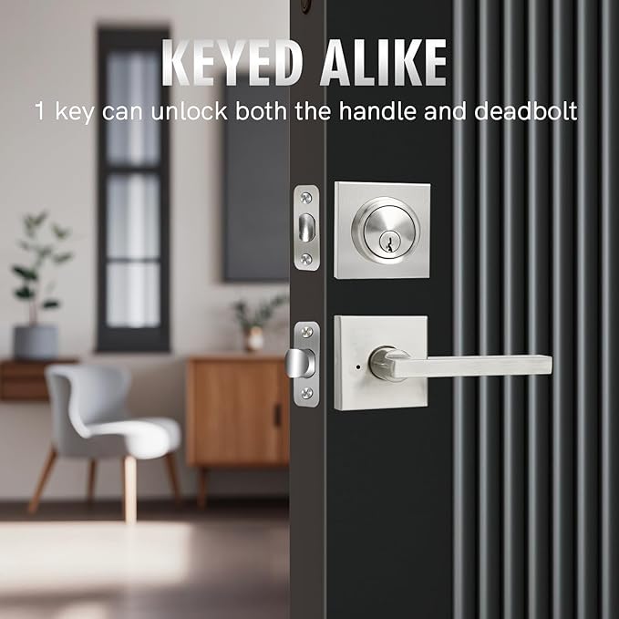 Front Door Handle Set with Deadbolt, Door Levers and Single Cylinder Deadbolt Set, Keyed Alike Heavy Duty Keyed Privacy Handles Locksets,(Satin Nickel,2Pack)