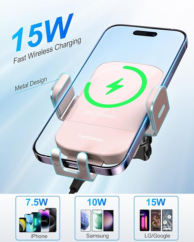 CHGeek Wireless Car Charger, 15W Fast Charging Auto Clamping Car Charger Phone Mount Phone Holder fit for iPhone 15 14 13 12 11 Pro Max Xs, Samsung Galaxy S24 Ultra S23 S22 S21, S20, S10+, Pink