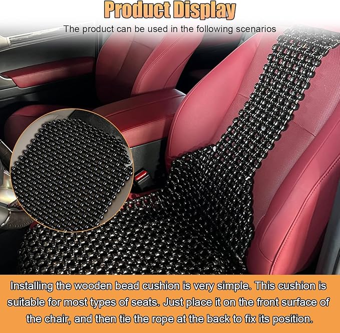 Breathable Wood Beaded Seat Cushion, Cooling Double Strung Auto Back Massaging Driver Seats Cover for Fatigue Relief, Comfort Ventilated Support Cushion for Car Seat Chair (Black)