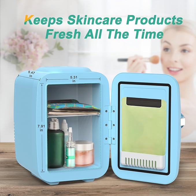 CROWNFUL Mini Fridge, 4 Liter/6 Can Portable Cooler and Warmer Personal Fridge for Skin Care, Cosmetics, Food,Great for Bedroom, Office, Car, Dorm, ETL Listed (Blue)