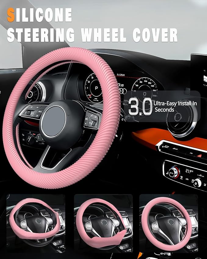 WOCOCN Car Steering Wheel Cover, Thin Anti-Skid Silicone Steering Wheel Cover for Men & Women, Universal Automotive Interior Accessories for Most Cars (Pink)