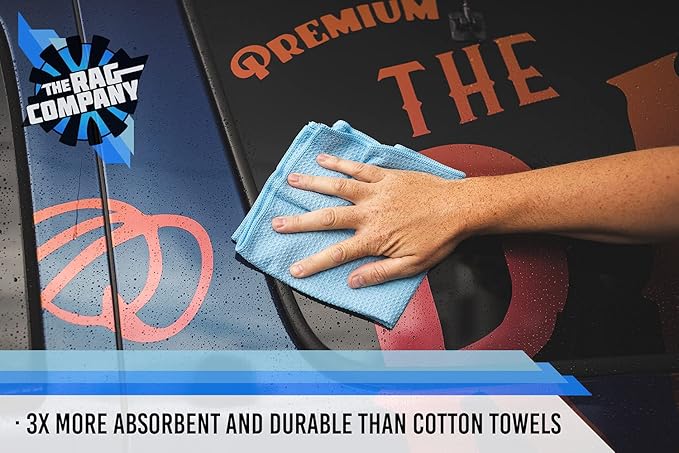 The Rag Company - Standard Waffle Weave Towels, Microfiber Detailing, Window/Glass and Drying, Wax & Polish, Lint-Free, Streak-Free, 370gsm, 16in x 16in, Light Blue (6-Pack)