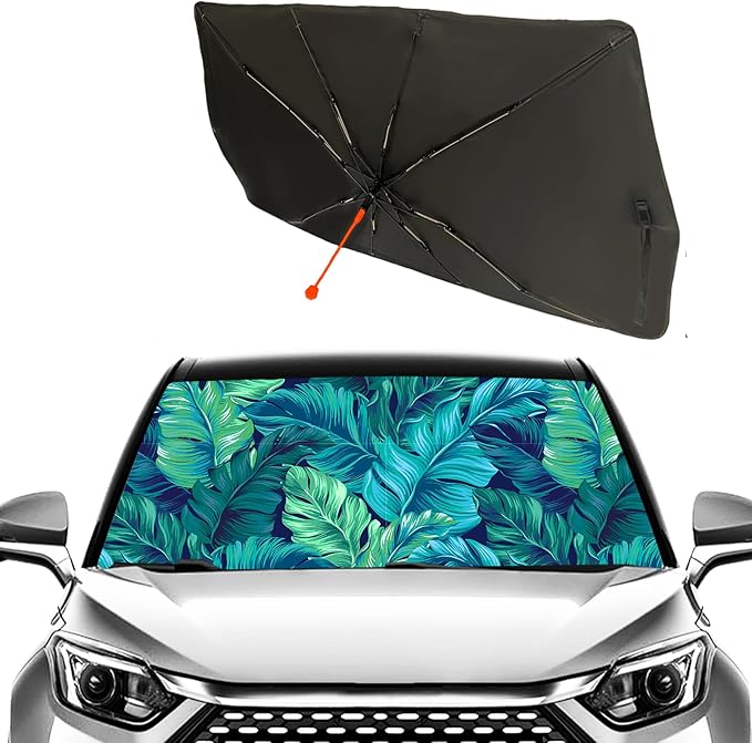 Socira Tropical Car Sun Shade Windshield Umbrella Palm Leaf Sunshade for Green Window Shades Windshield Sun Shade Umbrella Sun Visor Leaves Car Accessories Keeps Cool 57" x 30"