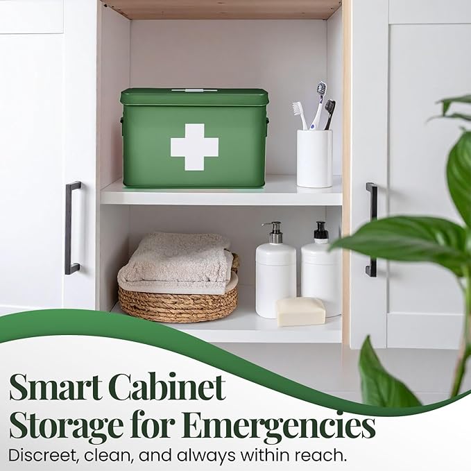 Flexzion First Aid Box Organizer Empty 13" Green Vintage First Aid Kit Tin Metal Medical Box - First Aid Storage Box Container Bins with Dividers, Removable Tray and White Cross Logo