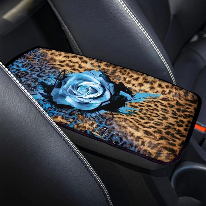Coldinair Blue Rose Leopard Car Armrest Cover,Auto Center Console Pad,Soft Seat Cover Protector Cushion,Car Accessories Decor for Most Cars,Sedan,Truck,SUV