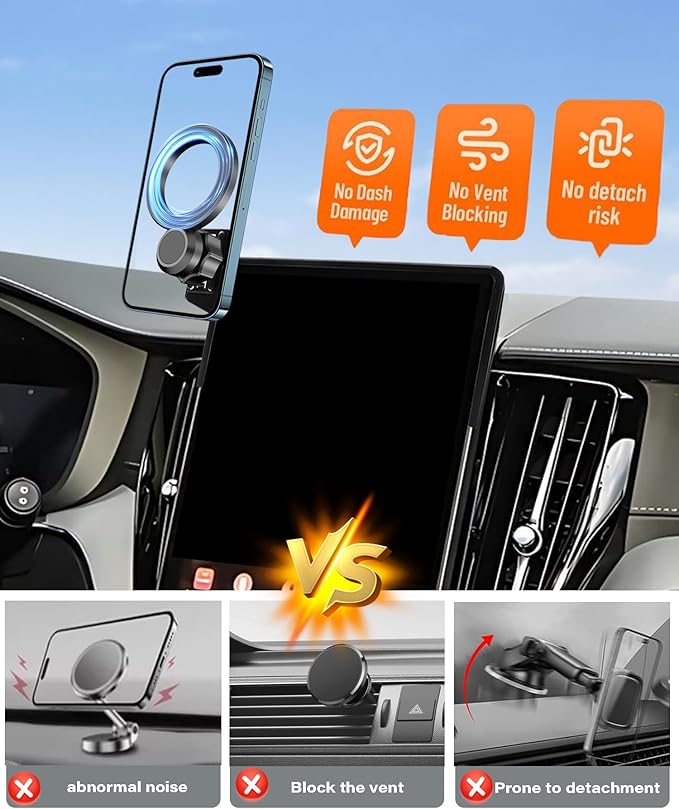 Magnetic Car Phone Mount for 2026 Volvo XC60 Plug-in Hybrid / 2025 2026 Volvo XC90 Hybrid, for MagSafe Strong Magnets Cell Phone Holder 11.2-Inch Screen Cradles, with Portable Phone Gripper