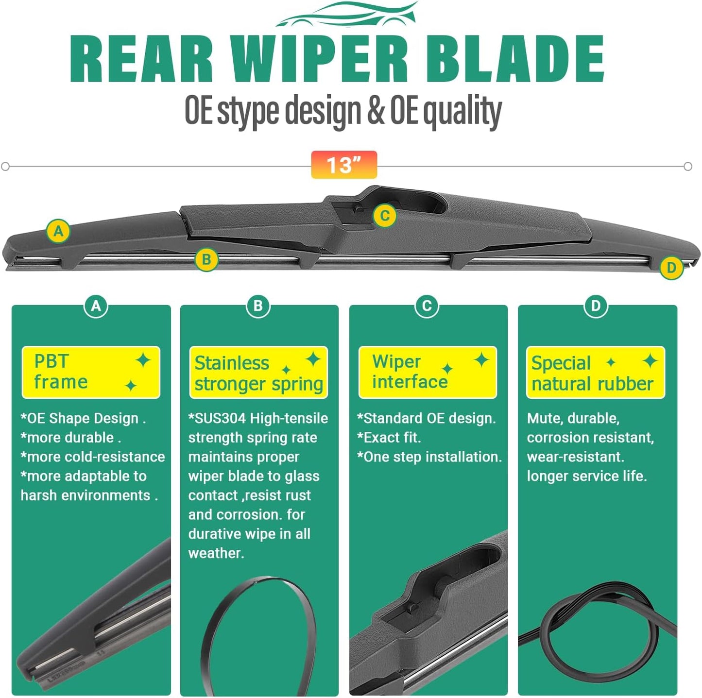 26" 18" 13" Windshield Wiper Blades Replacement for Kia Telluride 2020 2021 2022 2023 2024 2025 Premium All Weather Front Rear Wipers Set - OEM Quality (Pack of 3)
