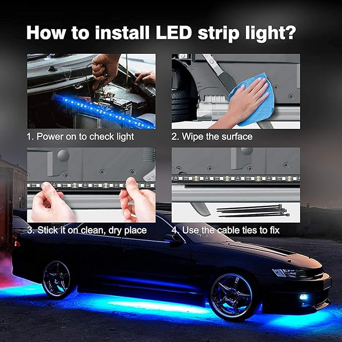 Smart RGB Car Underglow Kit with App & RF Remote - IP67 Waterproof, 16 Million Color LED Light Strips, Music Sync, Universal Fit for All Cars, Trucks, Vans - 12V DC Exterior Lighting