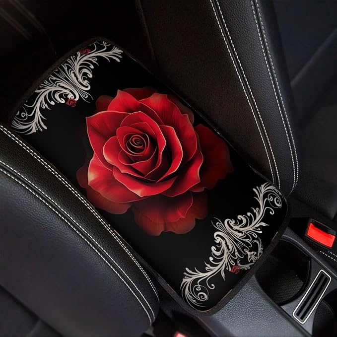 Red Rose Universal Center Console Armrest Soft Pad Protector Cover Armrest Box Protector Non Slip for Pet Dogs Car Interior Decor
