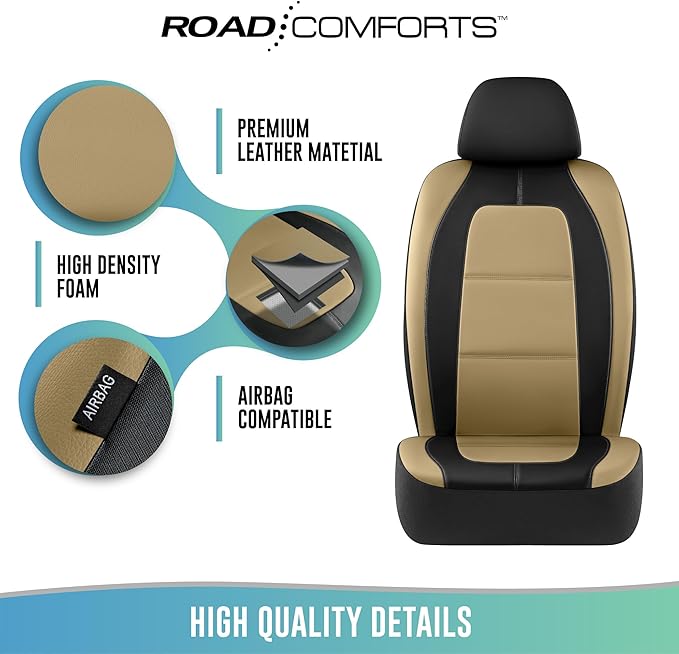 Road Comforts Car Seat Cover, Leather Full Set Car Seat Cover, Automotive Front Rear Seat Covers, Airbag Compatible Universal Fit for Most Cars (Beige)