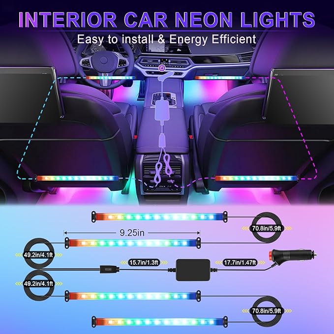 LivTee Accent Interior Car Lights, Smart Car Interior Lights with App Control, RGB LED Lights with Music Mode and DIY Mode, 2 Lines Design LED Lights for Cars with 12V Cigarette Lighter Adapter